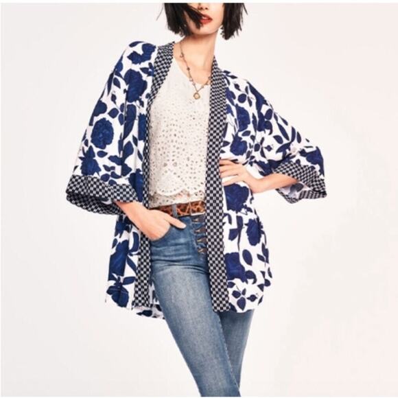 Cabi blue and white floral open front kimono style top size XS / Small #5661 - Picture 1 of 16